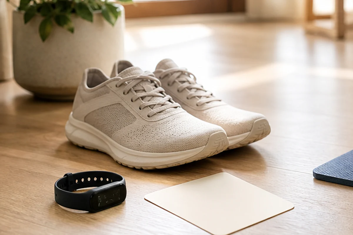 Unbranded fitness tracker beside walking shoes