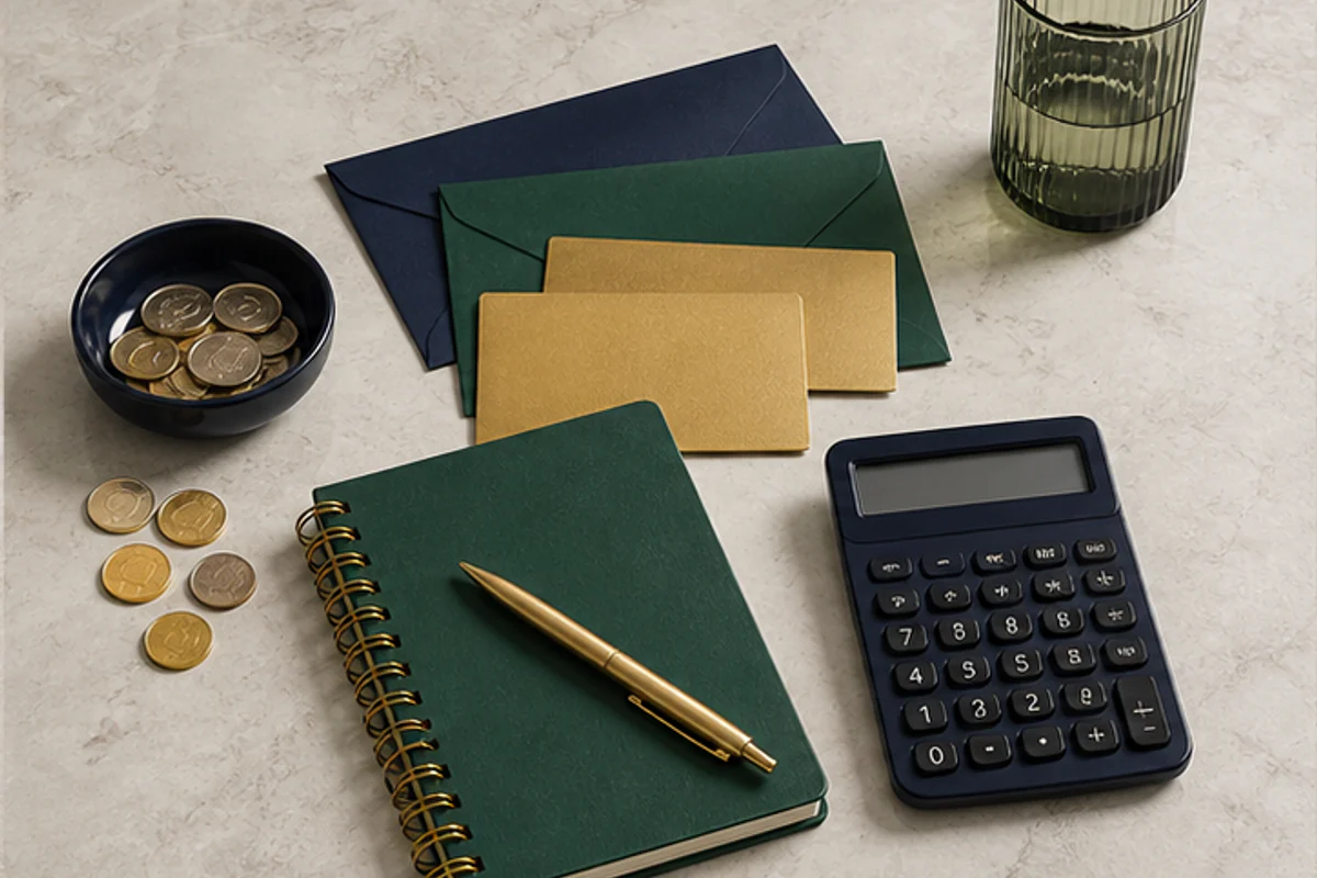 Budget notebook, calculator and envelopes