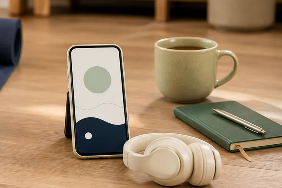 Phone with an abstract wellbeing interface beside headphones, journal and tea