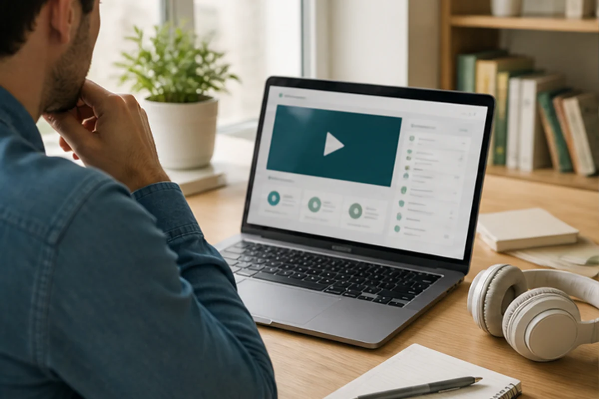 Adult learner using a brand-free online course interface with notebook and headphones